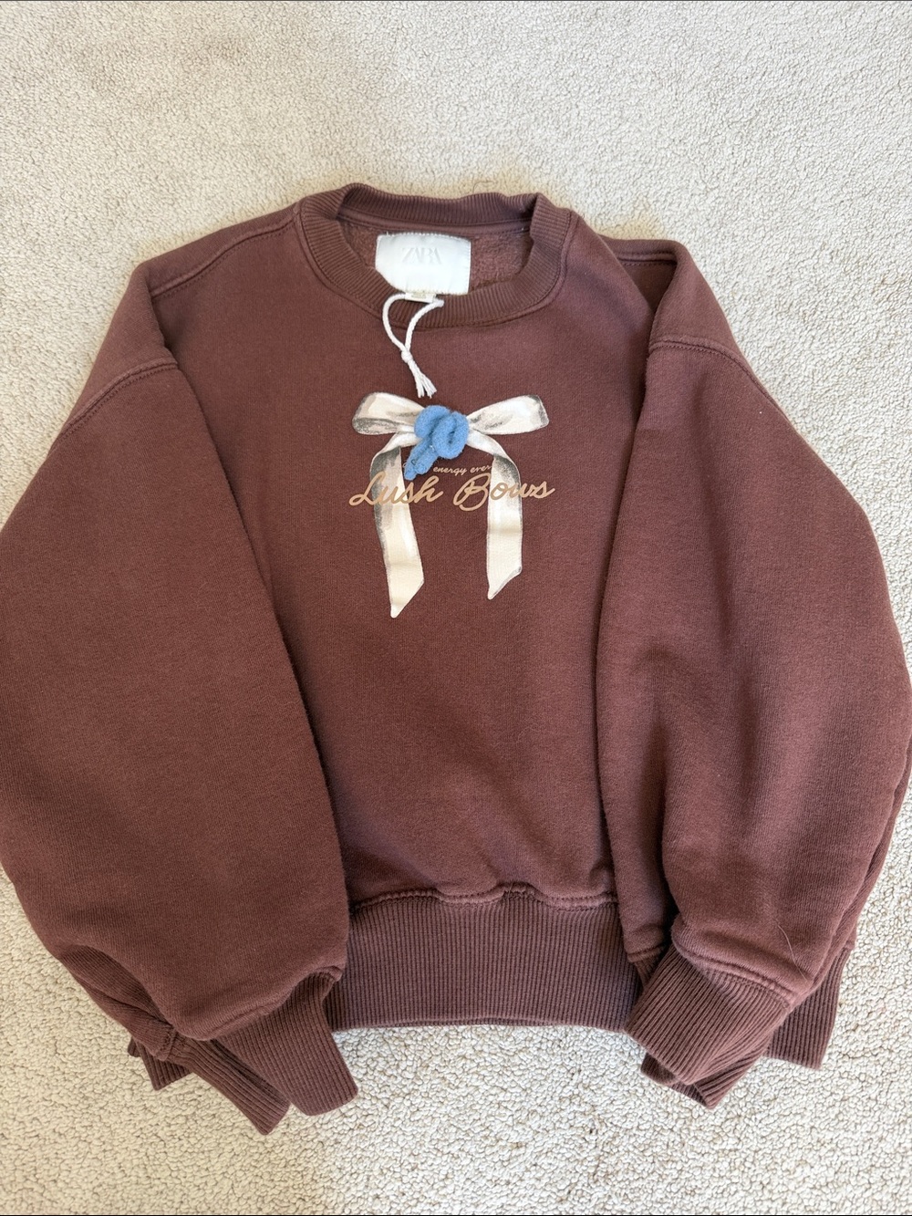Zara Kids Chocolate Brown Crewneck Sweatshirt with Bow Embellishment- size 9/10